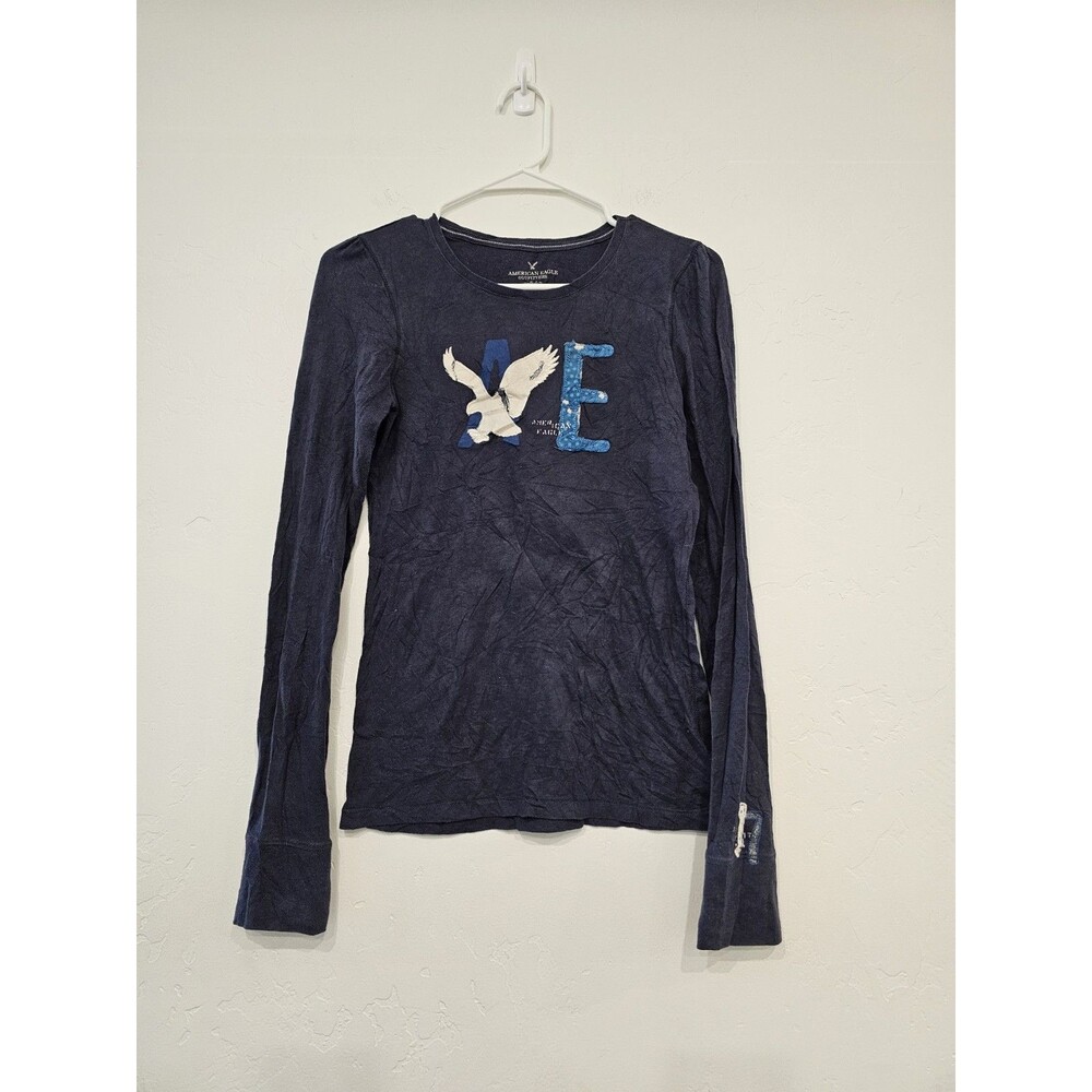 Women’s Y2k American Eagle Navy Embroidered Long Sleeve T-shirt Size Small